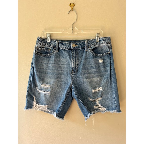 Ymi Jeans Pants - Sz 15/32 High Rise Dark Denim Stretch Distressed Shorts Dream Fit Pockets